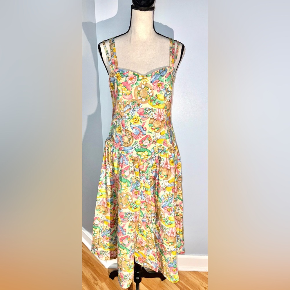 Vintage Professionally Handmade Drop V Waist Dainty Wide Brim Hats W/Bows Dress!